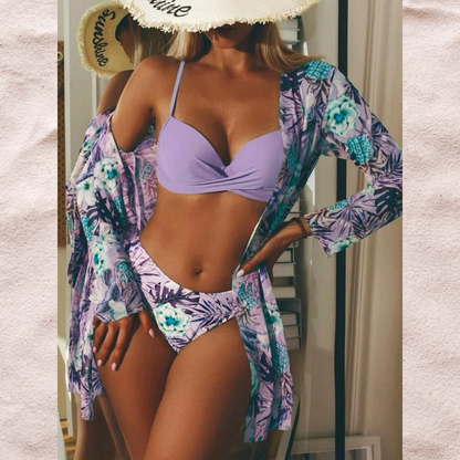 3-teiliges Damen Bikini-Set mit Tropenmuster – Inklusive Cardigan, Bikini Top & Hose für Sommer & Strand