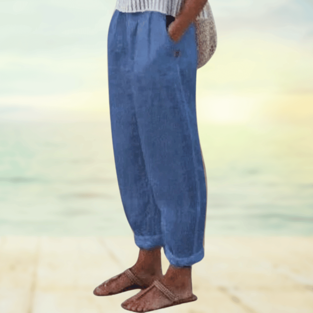 Locker geschnittene Leinenhose für Damen – Sommerhose mit Elastikbund & Taschen für Freizeit, Urlaub & Strand