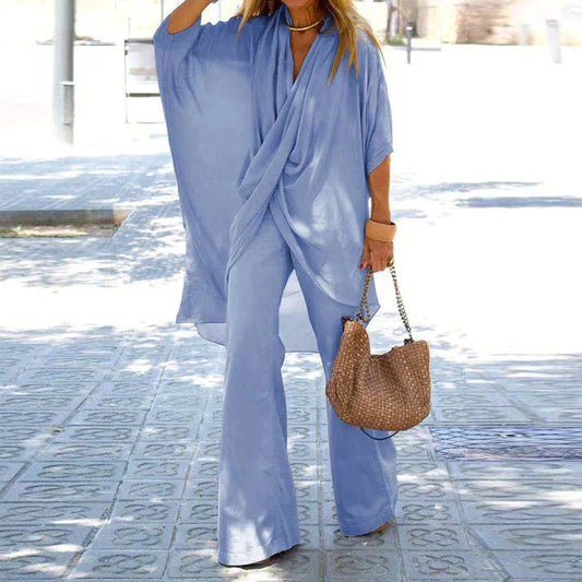 SISI Damen Set – Elegantes 2-teiliges Outfit mit V-Ausschnitt & weiter Hose