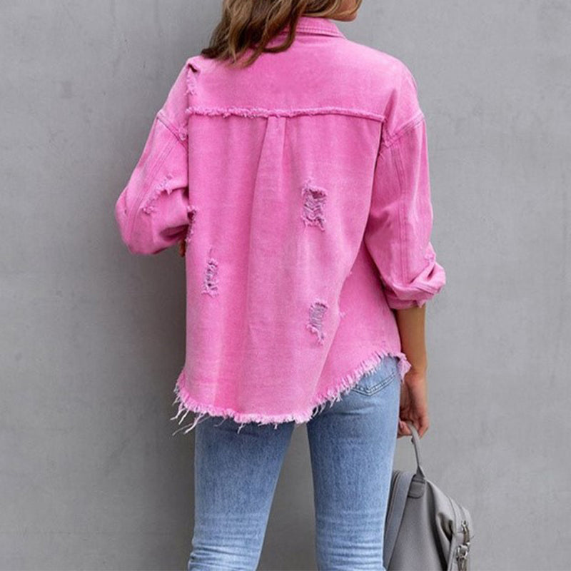 Damen Oversize Jeansjacke mit Fransen – Vintage Look & Destroyed Details