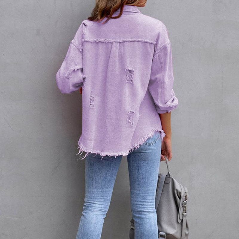 Damen Oversize Jeansjacke mit Fransen – Vintage Look & Destroyed Details