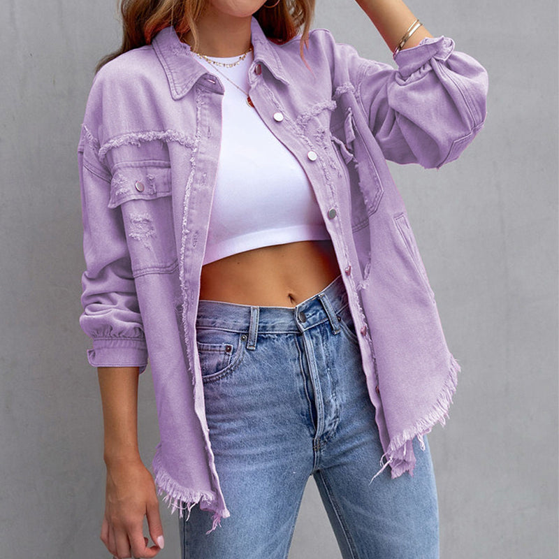 Damen Oversize Jeansjacke mit Fransen – Vintage Look & Destroyed Details