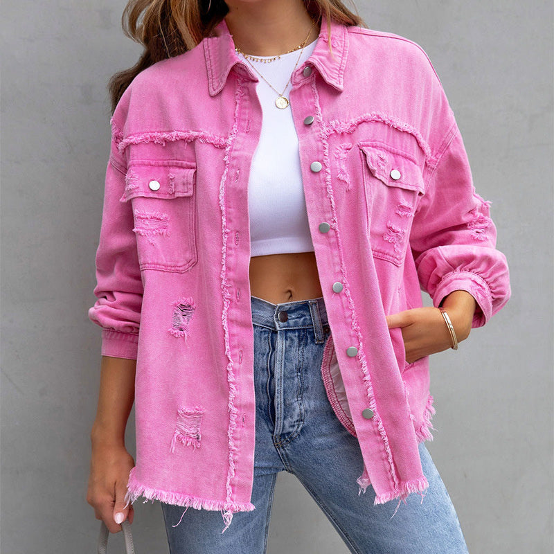 Damen Oversize Jeansjacke mit Fransen – Vintage Look & Destroyed Details