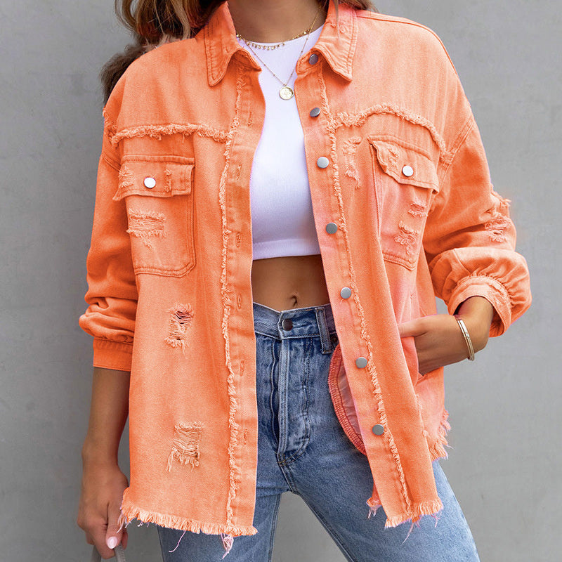 Damen Oversize Jeansjacke mit Fransen – Vintage Look & Destroyed Details