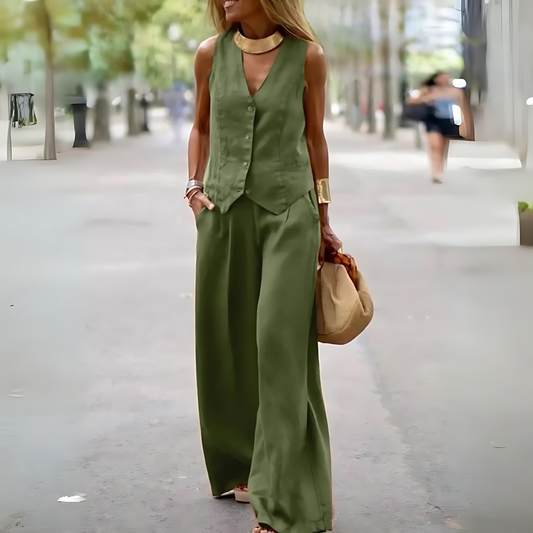 Zweiteiliges Damen Set mit Weste und weiter Hose – Sommeranzug aus Leinen für elegante Alltagslooks