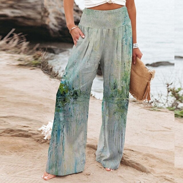 Luftige Palazzo Damenhose mit Boho Blumenmuster und elastischem Bund – Ideal für Sommer, Strand & Alltag