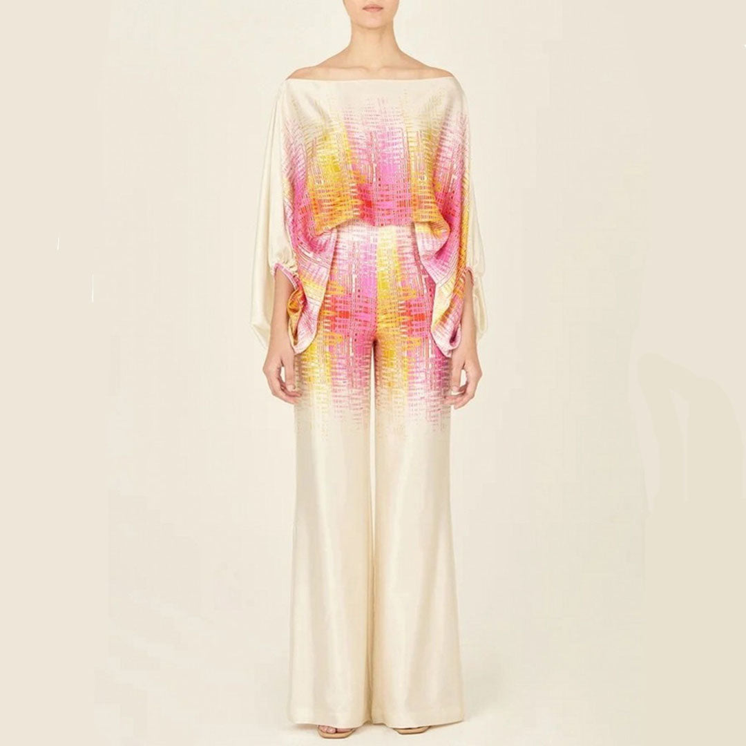Off‑Shoulder‑Set mit Batwing‑Top & Palazzo‑Hose – Drapiertes Design & Statement‑Muster