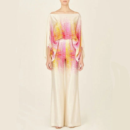Off‑Shoulder‑Set mit Batwing‑Top & Palazzo‑Hose – Drapiertes Design & Statement‑Muster