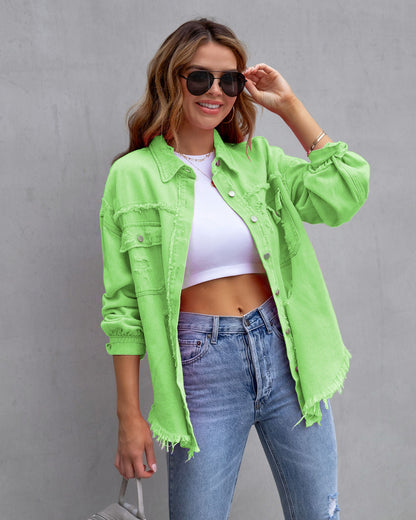 Damen Oversize Jeansjacke mit Fransen – Vintage Look & Destroyed Details