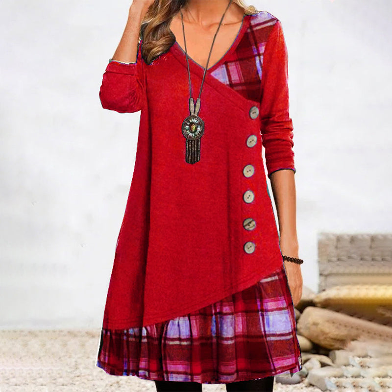 Asymmetrisches V‑Ausschnitt Tunika‑Kleid mit Knopf-Detail und Karomuster – Damen Freizeitkleid
