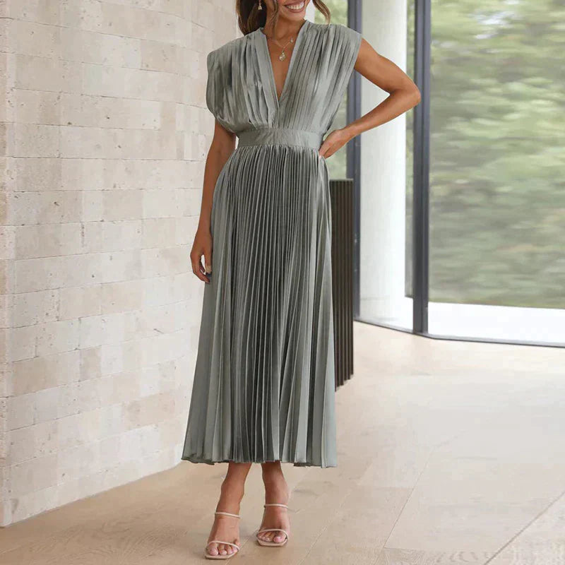 Plissiertes Midikleid mit tiefem V-Ausschnitt & Flügelärmeln – Eleganter Look für Hochzeit, Party & Sommer