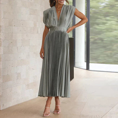 Plissiertes Midikleid mit tiefem V-Ausschnitt & Flügelärmeln – Eleganter Look für Hochzeit, Party & Sommer
