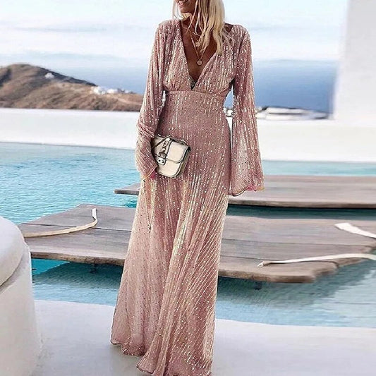 Glitzerndes Maxikleid mit tiefem V-Ausschnitt & langen Ärmeln – Elegantes Abendkleid für Gala, Hochzeit & Events