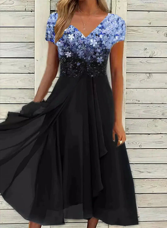 Abendkleid Damen – Glitzer Maxi-Kleid mit V-Ausschnitt und fließendem Chiffonrock