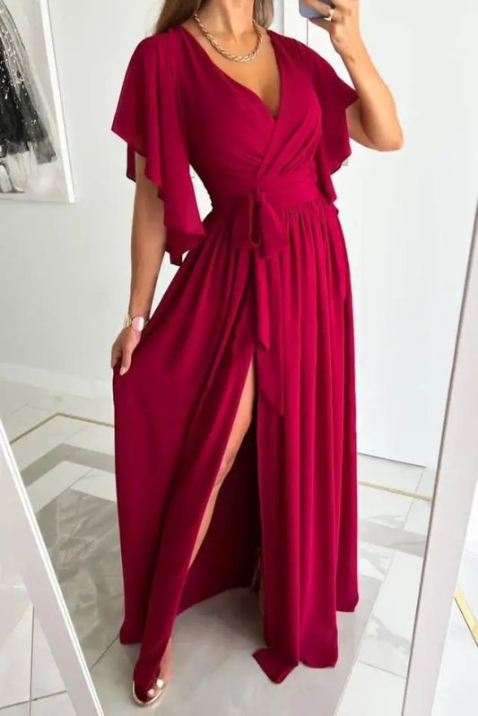 Elegantes Wickelkleid mit Schlitz für Damen – Maxikleid mit Taillengürtel, Flatterärmeln & V-Ausschnitt für Hochzeit & Event