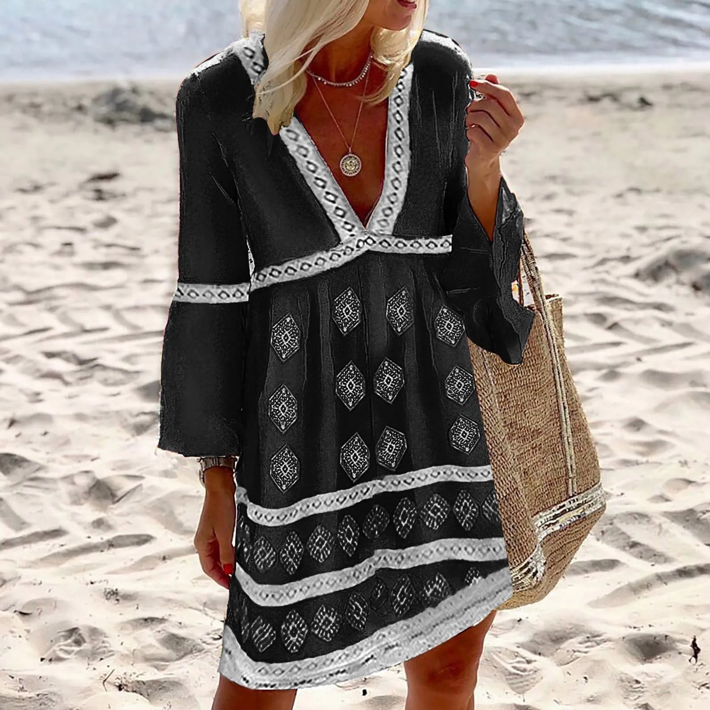 Boho Damen Strandkleid – Lockeres Tunika-Kleid mit Ethno-Muster und V-Ausschnitt
