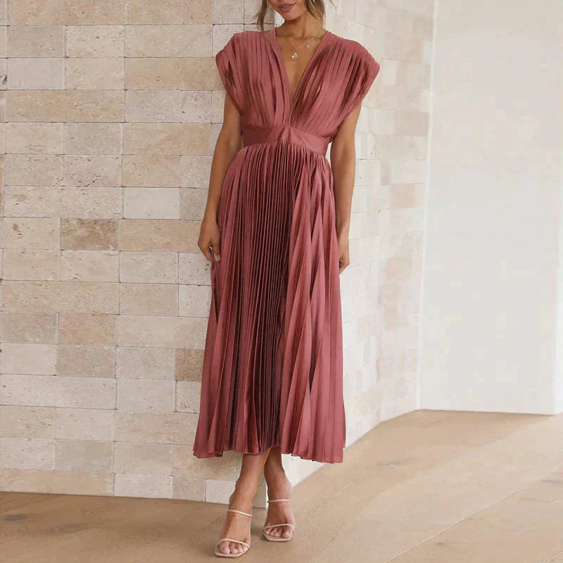 Plissiertes Midikleid mit tiefem V-Ausschnitt & Flügelärmeln – Eleganter Look für Hochzeit, Party & Sommer