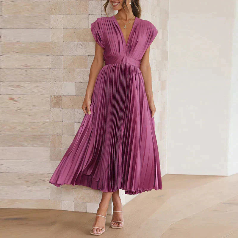 Plissiertes Midikleid mit tiefem V-Ausschnitt & Flügelärmeln – Eleganter Look für Hochzeit, Party & Sommer