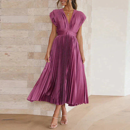 Plissiertes Midikleid mit tiefem V-Ausschnitt & Flügelärmeln – Eleganter Look für Hochzeit, Party & Sommer