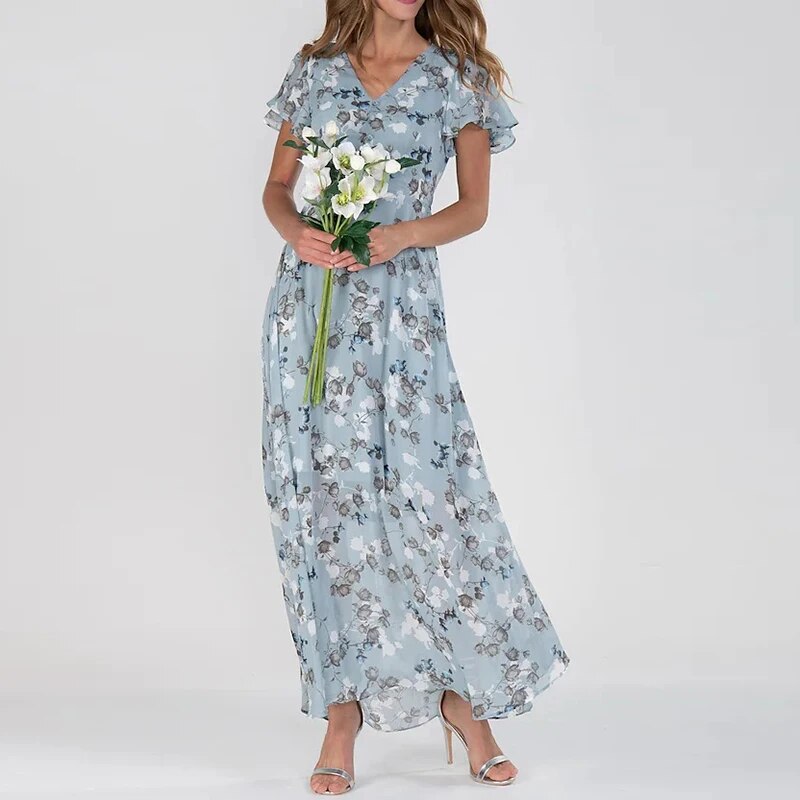 Romantisches Maxikleid mit floraler Chiffon-Optik und V-Ausschnitt – Luftiges Sommerkleid für Hochzeit, Gartenparty & Alltag
