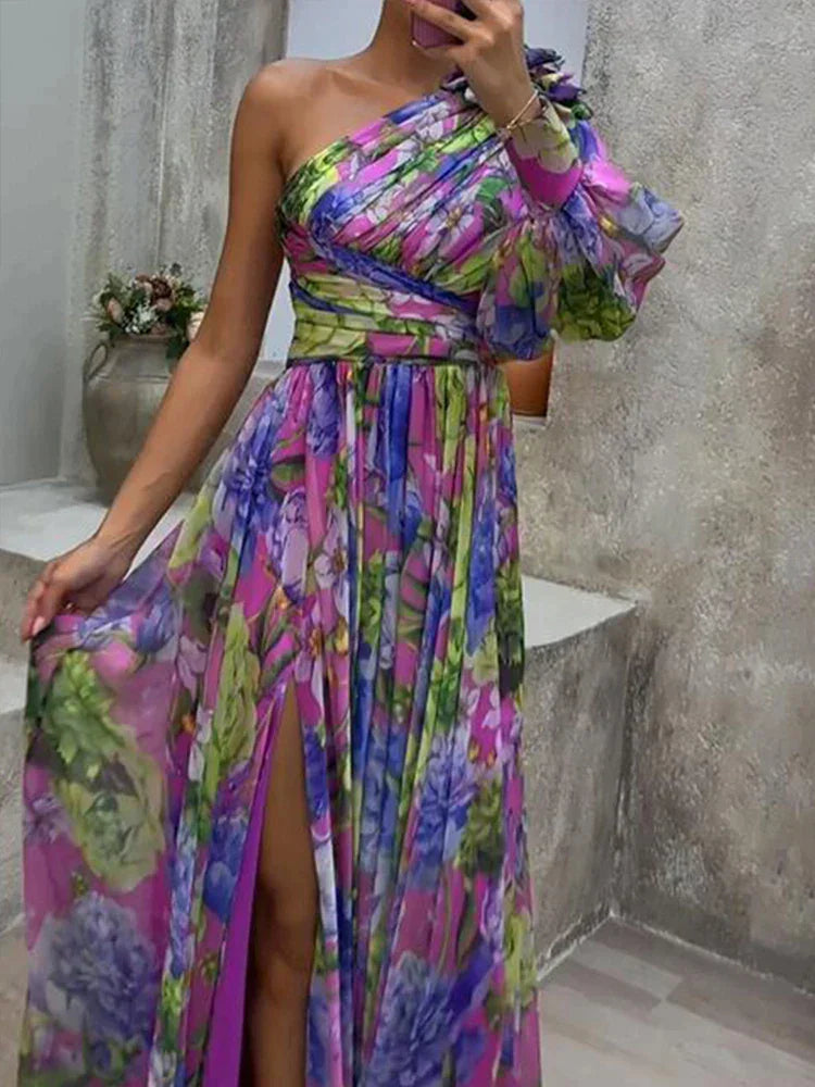 Asymmetrisches Maxikleid – Elegantes One-Shoulder Blumenprint Kleid mit Schlitz