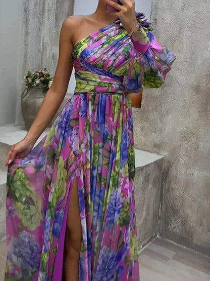 Asymmetrisches Maxikleid – Elegantes One-Shoulder Blumenprint Kleid mit Schlitz