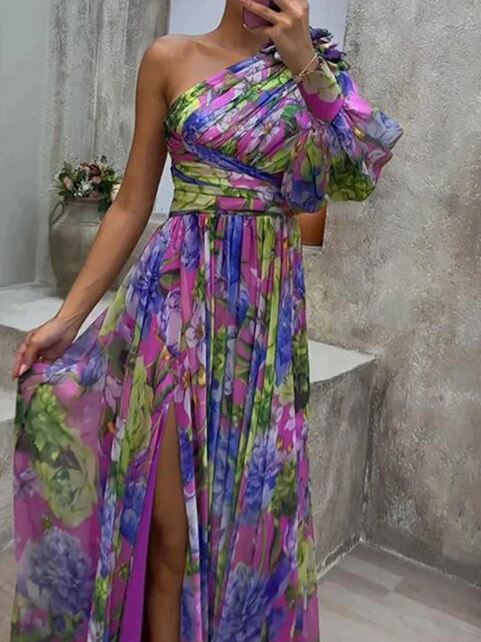 Asymmetrisches Maxikleid – Elegantes One-Shoulder Blumenprint Kleid mit Schlitz