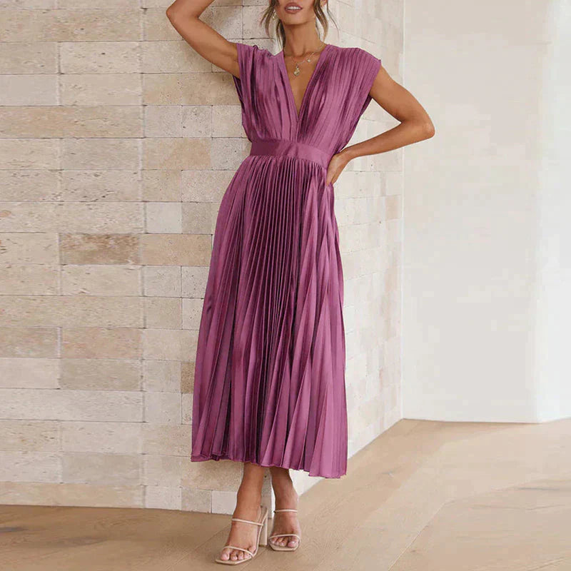 Plissiertes Midikleid mit tiefem V-Ausschnitt & Flügelärmeln – Eleganter Look für Hochzeit, Party & Sommer