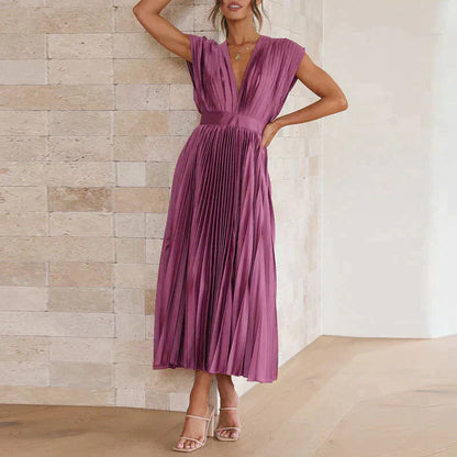 Plissiertes Midikleid mit tiefem V-Ausschnitt & Flügelärmeln – Eleganter Look für Hochzeit, Party & Sommer