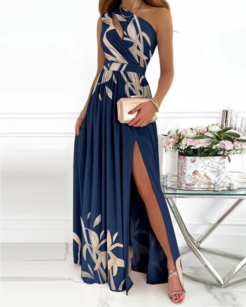 Asymmetrisches Damen Abendkleid mit Schlitz & Wickeloptik – Elegant & Bedruckt
