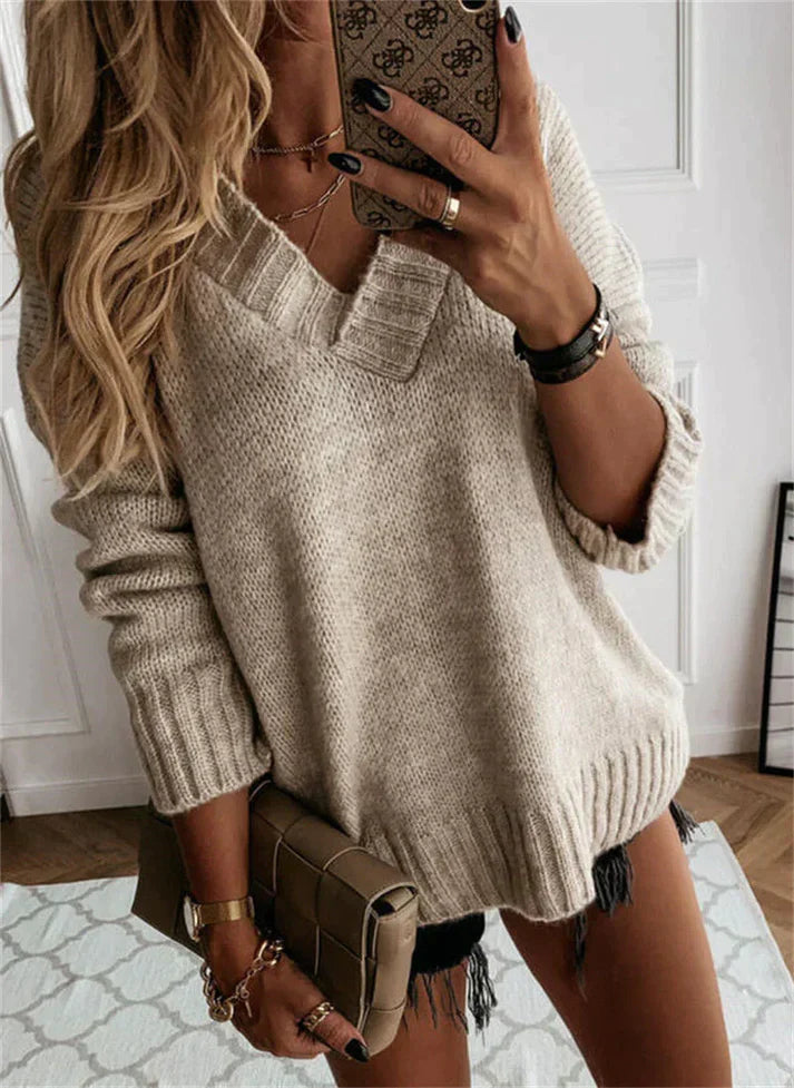 Kuscheliger Damen-Strickpullover mit V-Ausschnitt – Oversize Look für Herbst & Winter
