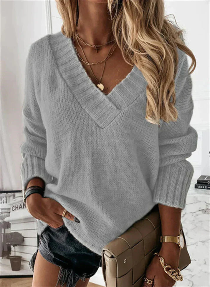 Kuscheliger Damen-Strickpullover mit V-Ausschnitt – Oversize Look für Herbst & Winter