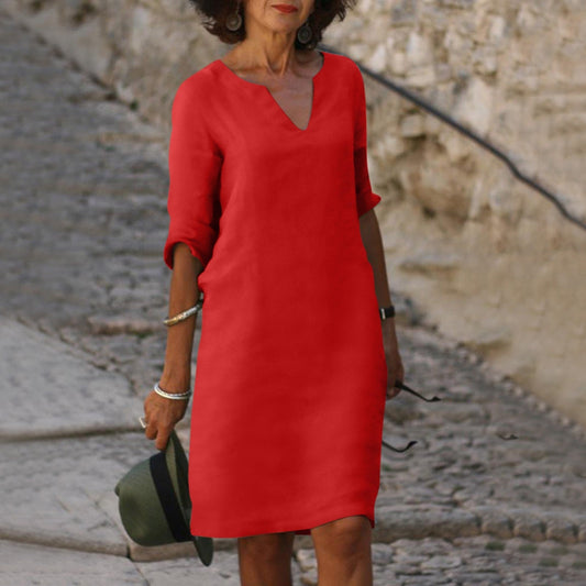 V‑Ausschnitt Midikleid aus Leinen mit Eingrifftaschen – Luftiges Freizeitkleid für Damen