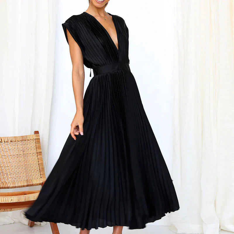 Plissiertes Midikleid mit tiefem V-Ausschnitt & Flügelärmeln – Eleganter Look für Hochzeit, Party & Sommer