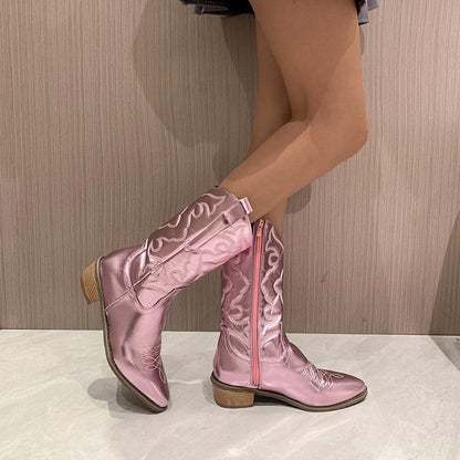 Damen Cowboy Boots mit Western-Stickerei & Blockabsatz – Glänzende Mid-Calf Stiefel für Festival, Street & Alltag