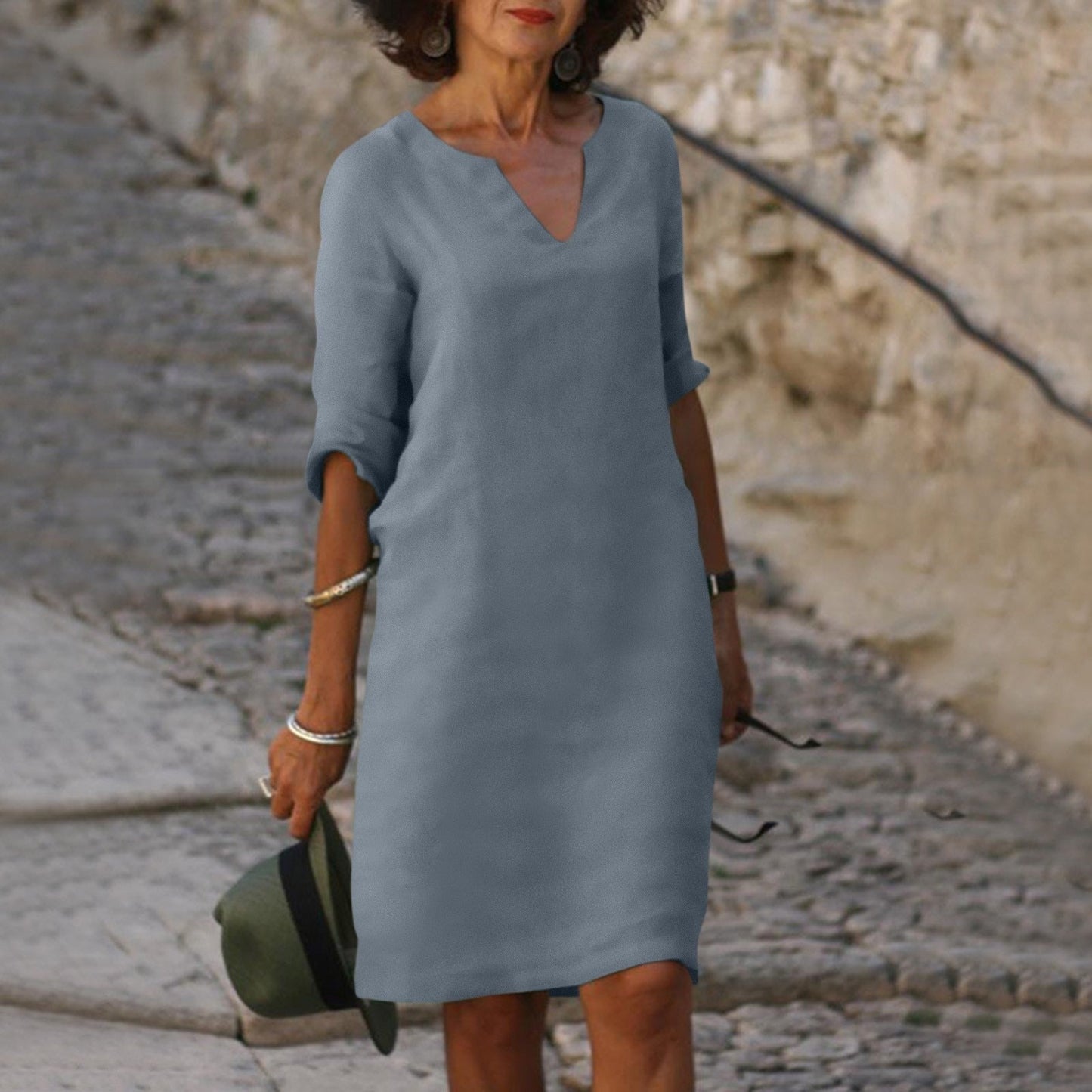 V‑Ausschnitt Midikleid aus Leinen mit Eingrifftaschen – Luftiges Freizeitkleid für Damen