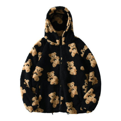 Harajuku Bär Teddy Druck Plüsch Jacke flauschige Kapuze Oberbekleidung