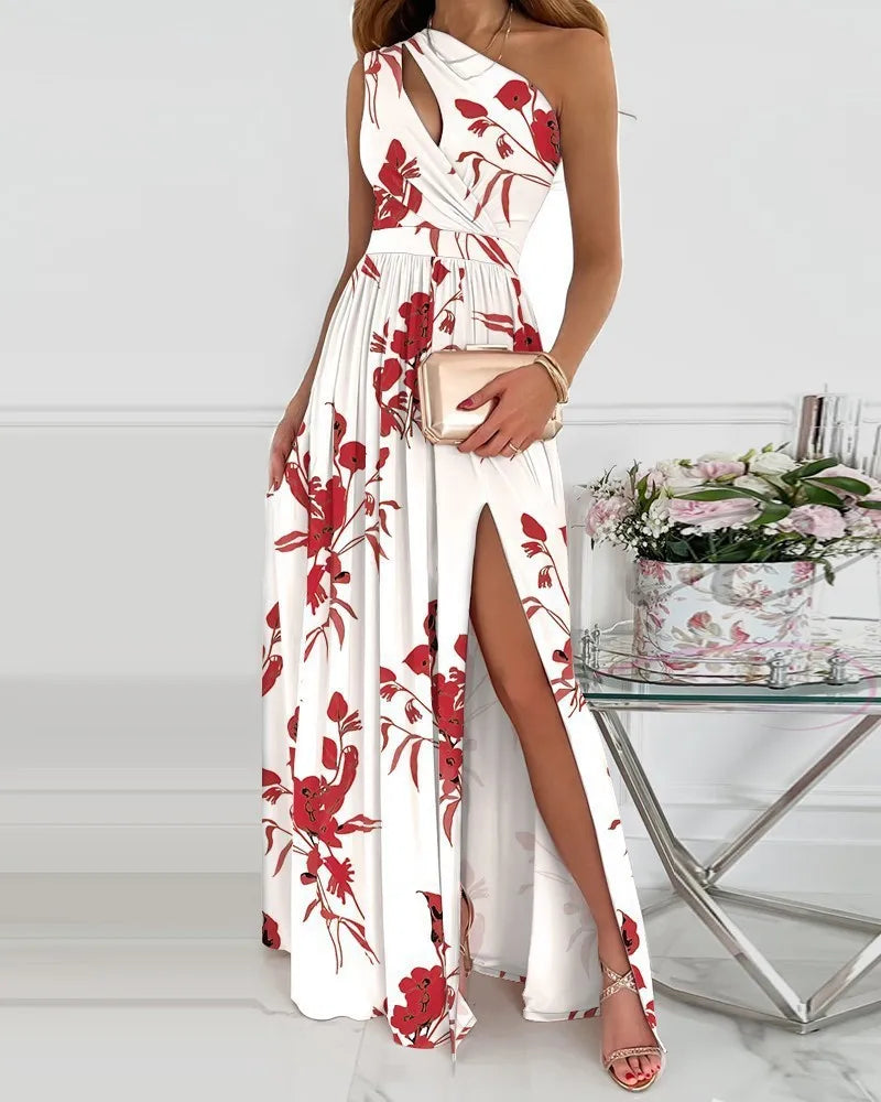 Asymmetrisches Damen Abendkleid mit Schlitz & Wickeloptik – Elegant & Bedruckt