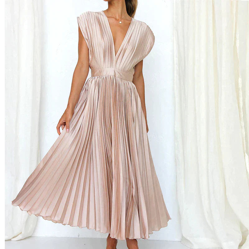 Plissiertes Midikleid mit tiefem V-Ausschnitt & Flügelärmeln – Eleganter Look für Hochzeit, Party & Sommer