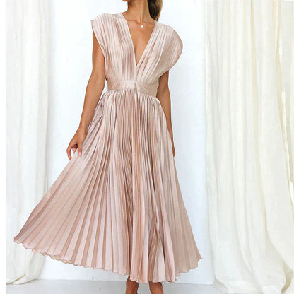 Plissiertes Midikleid mit tiefem V-Ausschnitt & Flügelärmeln – Eleganter Look für Hochzeit, Party & Sommer