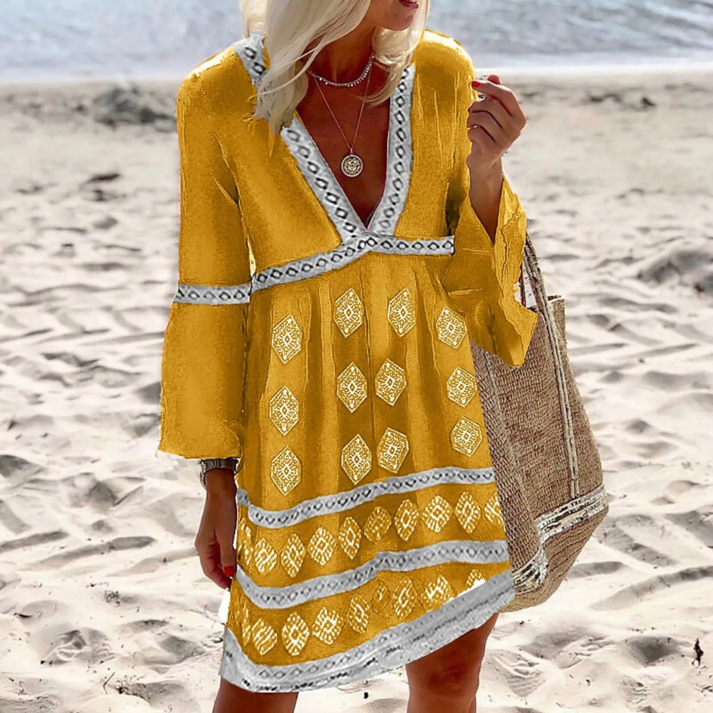 Boho Damen Strandkleid – Lockeres Tunika-Kleid mit Ethno-Muster und V-Ausschnitt