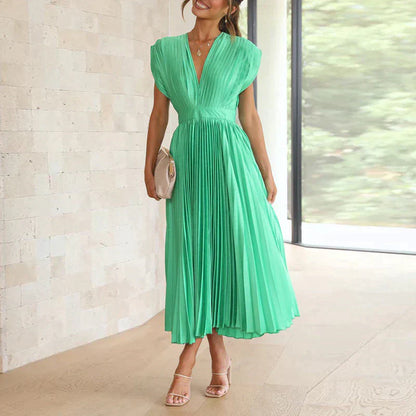 Plissiertes Midikleid mit tiefem V-Ausschnitt & Flügelärmeln – Eleganter Look für Hochzeit, Party & Sommer