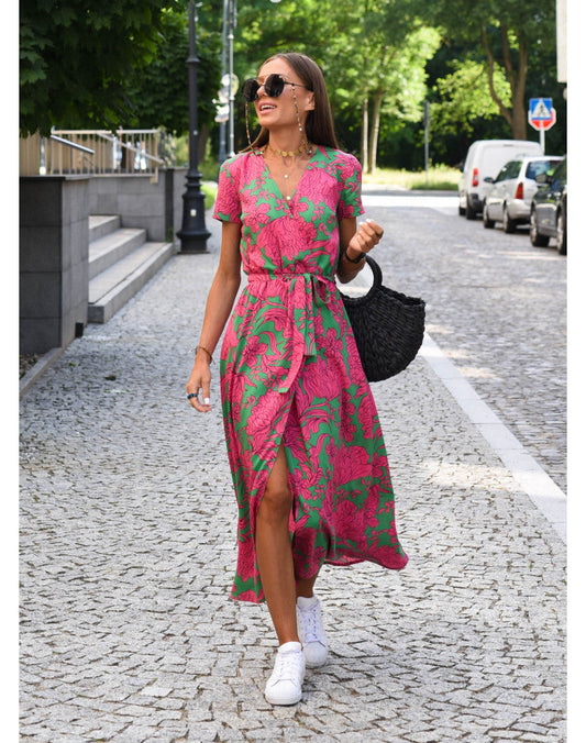 Maxikleid Damen – Florales Sommerkleid mit Gürtel & Kurzarm für Alltag & Urlaub