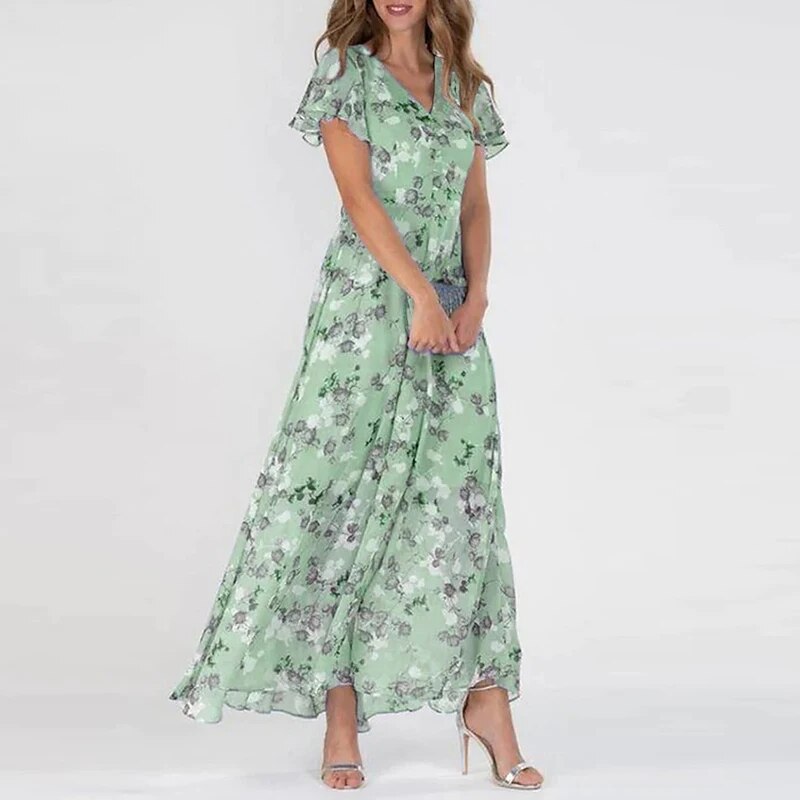 Romantisches Maxikleid mit floraler Chiffon-Optik und V-Ausschnitt – Luftiges Sommerkleid für Hochzeit, Gartenparty & Alltag