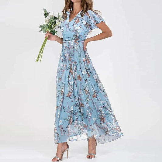 Romantisches Maxikleid mit floraler Chiffon-Optik und V-Ausschnitt – Luftiges Sommerkleid für Hochzeit, Gartenparty & Alltag