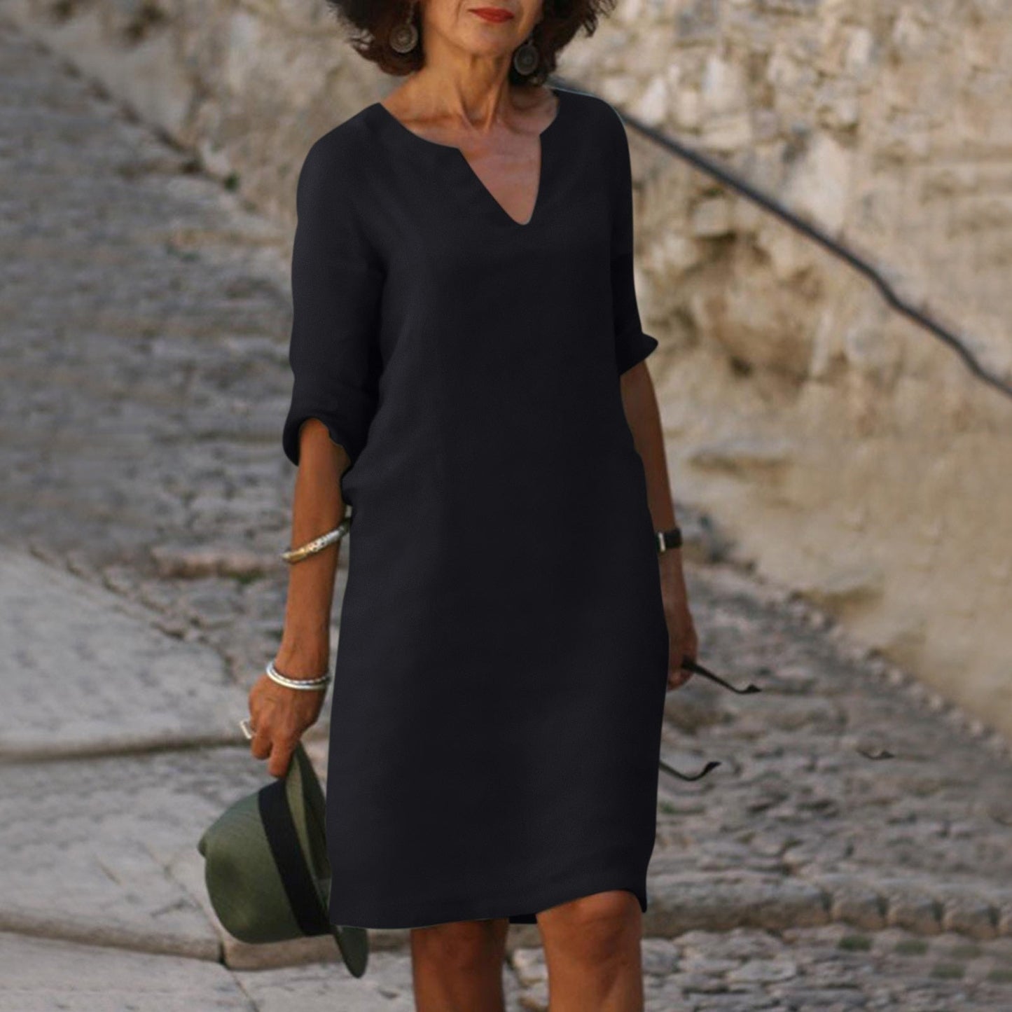 V‑Ausschnitt Midikleid aus Leinen mit Eingrifftaschen – Luftiges Freizeitkleid für Damen
