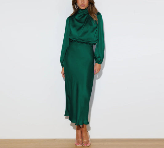 Elegantes Satin Midikleid mit Stehkragen – festliches Kleid mit langen Ärmeln