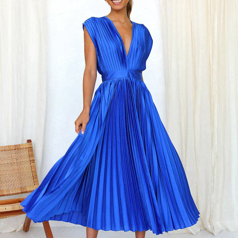 Plissiertes Midikleid mit tiefem V-Ausschnitt & Flügelärmeln – Eleganter Look für Hochzeit, Party & Sommer