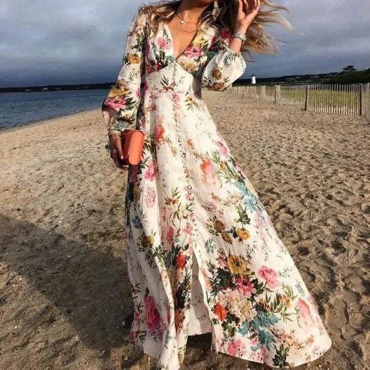 Boho Maxikleid mit Blumendruck, V-Ausschnitt & langen Ärmeln – Perfekt für Strand, Frühling & romantische Anlässe