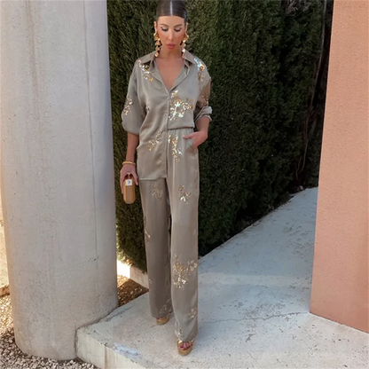 Eleganter Zweiteiler für Damen – Satin-Hose & Bluse Set mit Glitzer-Details